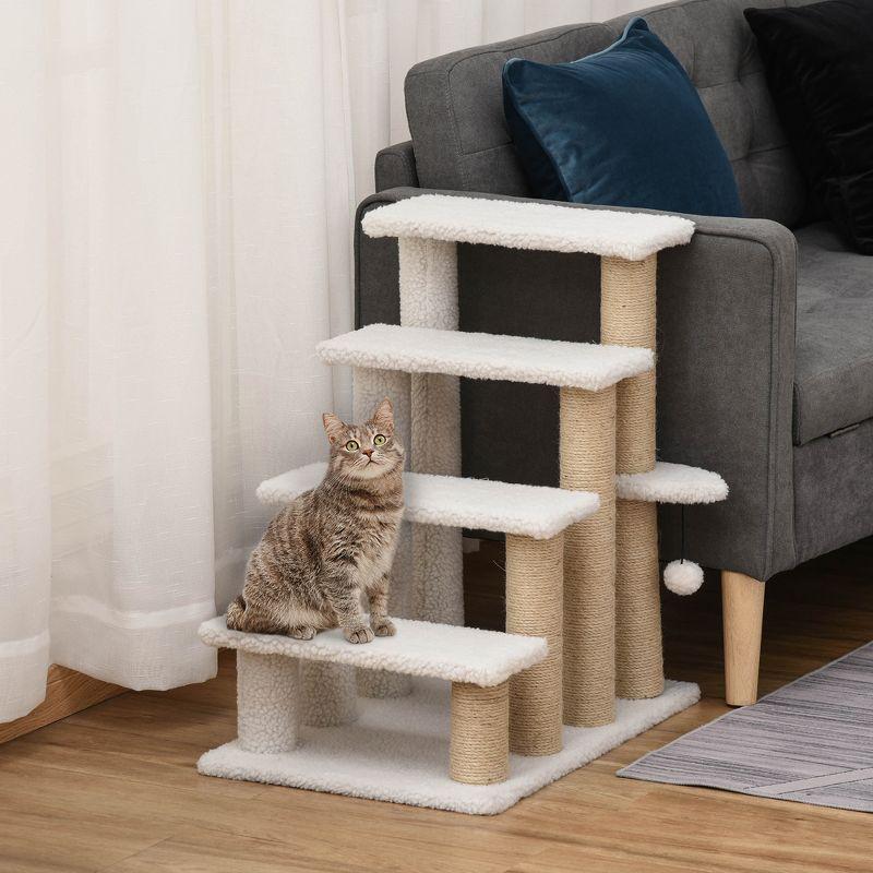 PawHut 4 Levels Cat Steps, Pet Stairs Carpeted Ladder, Kitten Tree Climber with Scratching Posts, Hanging Play Ball, Side Step, White