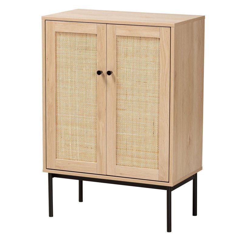 Sherwin 2 Door Storage Cabinet with Woven Rattan Accent Light Brown/Black - Baxton Studio: Mid-Century, Metal Base, Wood Frame