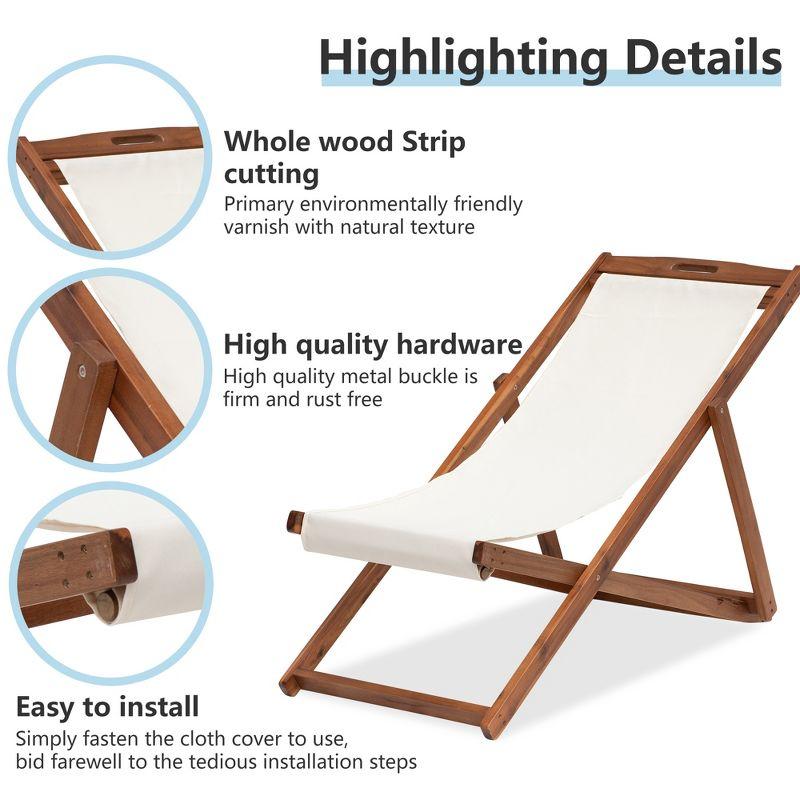 FDW Beach Sling Patio Chair for Relaxing, Foldable with Adjustable Height Made from Eucalyptus Wood with White Polyester