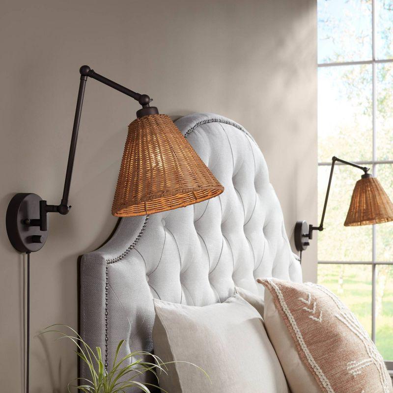Barnes and Ivy Mid Century Modern Swing Arm Wall Lamps Set of 2 Bronze Plug-In Light Fixture Natural Rattan Shade for Bedroom Bedside House