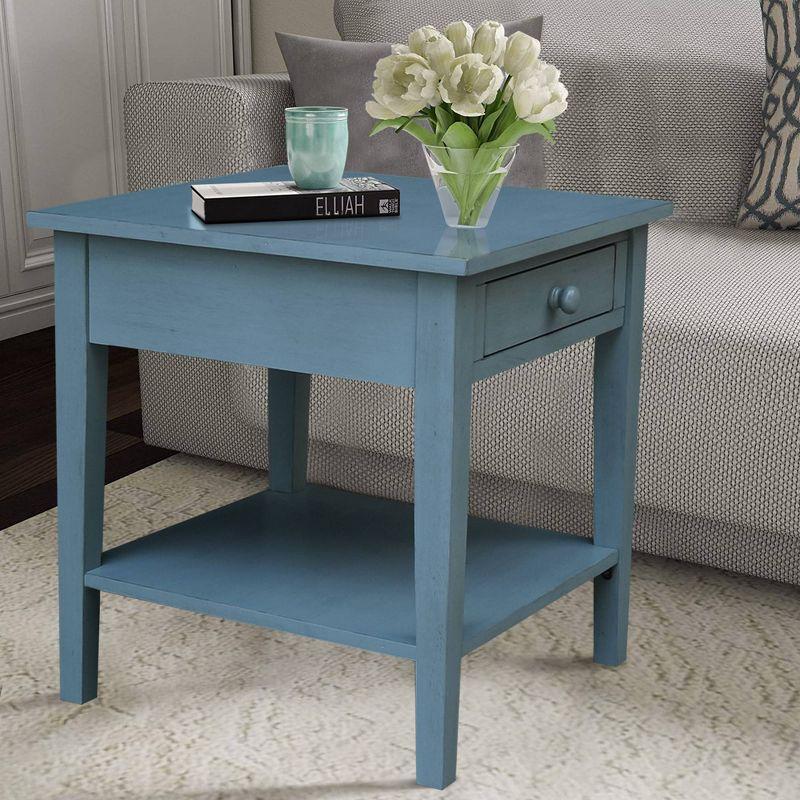 Antique Rubbed Ocean Blue Solid Wood End Table with Storage