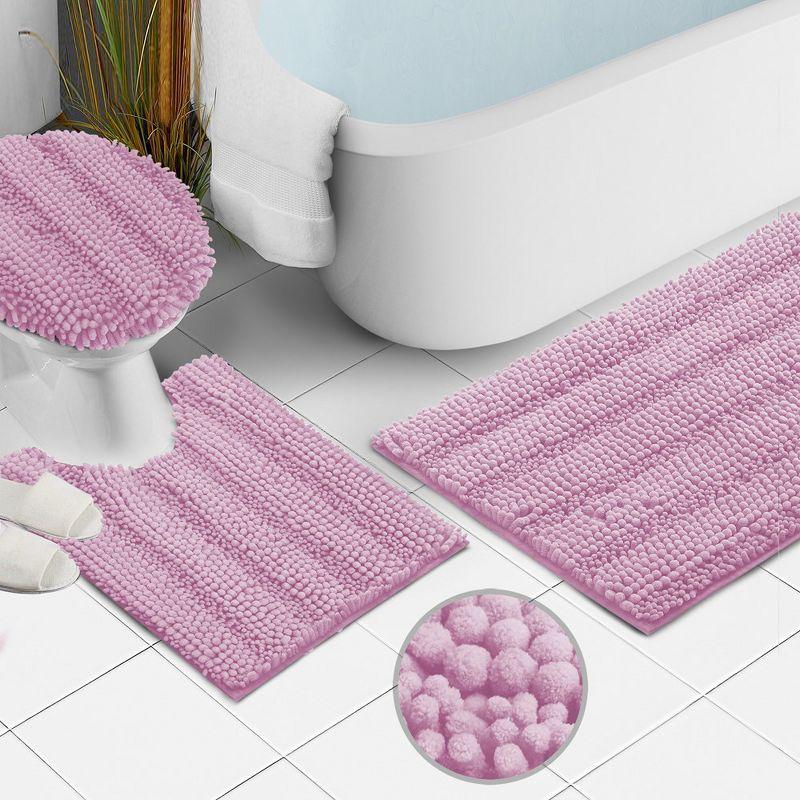 Hearth & Harbor 3 Piece Striped Chenille Bathroom Rug set with Seat Cover - Lilac