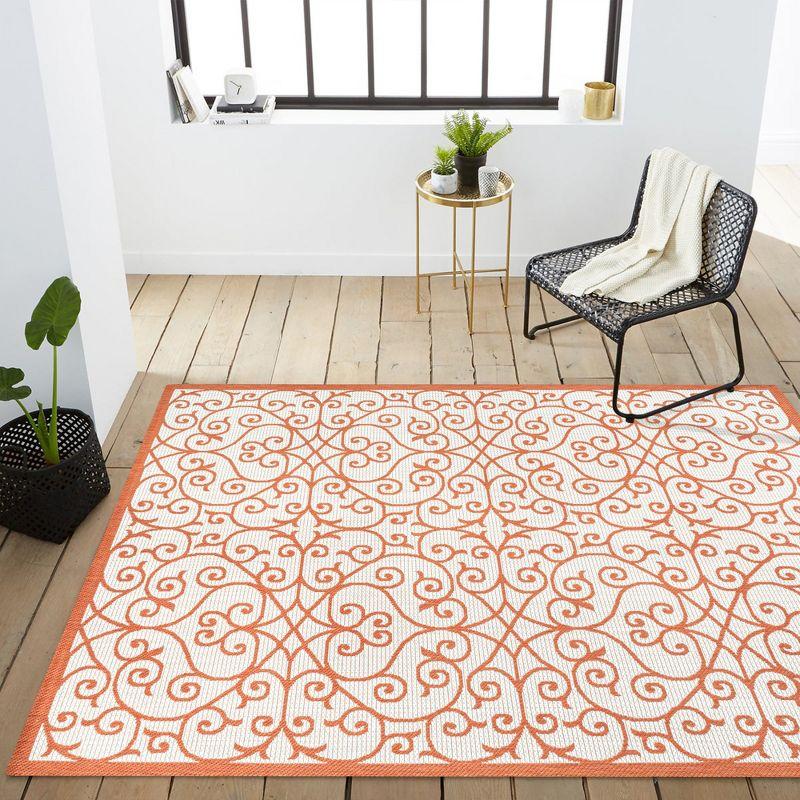4' x 6' Madrid Vintage Filigree Textured Weave Indoor/Outdoor Area Rug, Cream/Orange - JONATHAN Y