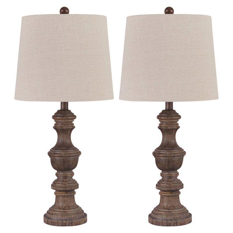 Set of 2 Magaly Poly Table Lamps Brown - Signature Design by Ashley: Wooden Base, 3-Way Switch, Drum Shade