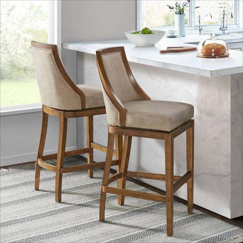 Ellie 19" Wide Solid Rubber Wood Frame Linen Fabric Counter Height Swivel Stool With Back