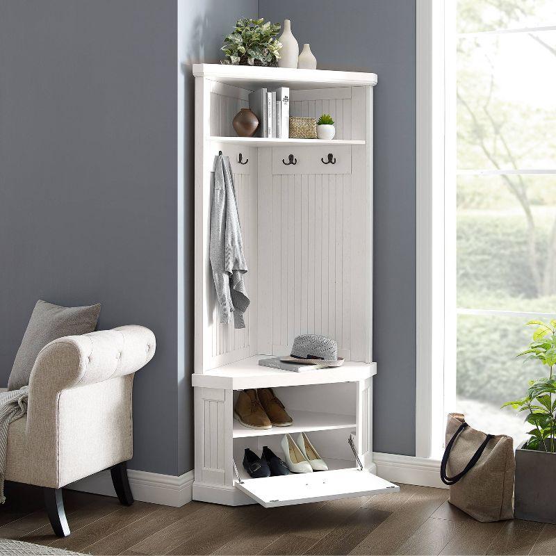 Seaside Corner Hall Tree Distressed White - Crosley: Entryway Organizer with Shoe Storage, 4 Hooks