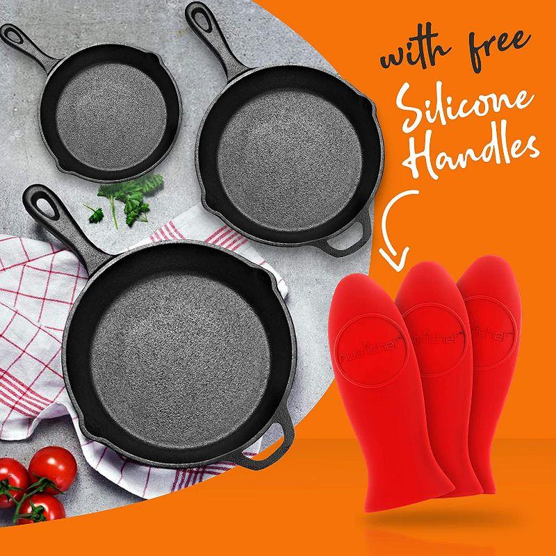 NutriChef Heavy Duty Non Stick Pre Seasoned Cast Iron Skillet Frying Pan 3 Piece Set Includes 8-Inch, 10-Inch, 12-Inch Pans, with Silicone Handles