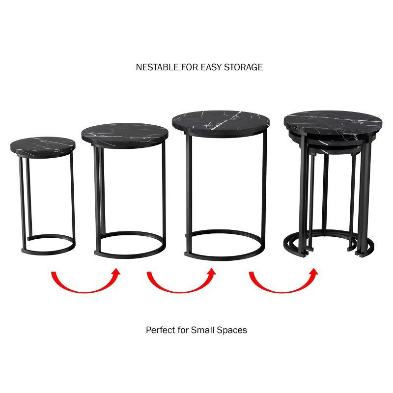 Hastings Home Set of 3 Round Living Room End Tables – Modern Faux Marble Top and Black Metal Base Nesting Tables or Nightstands