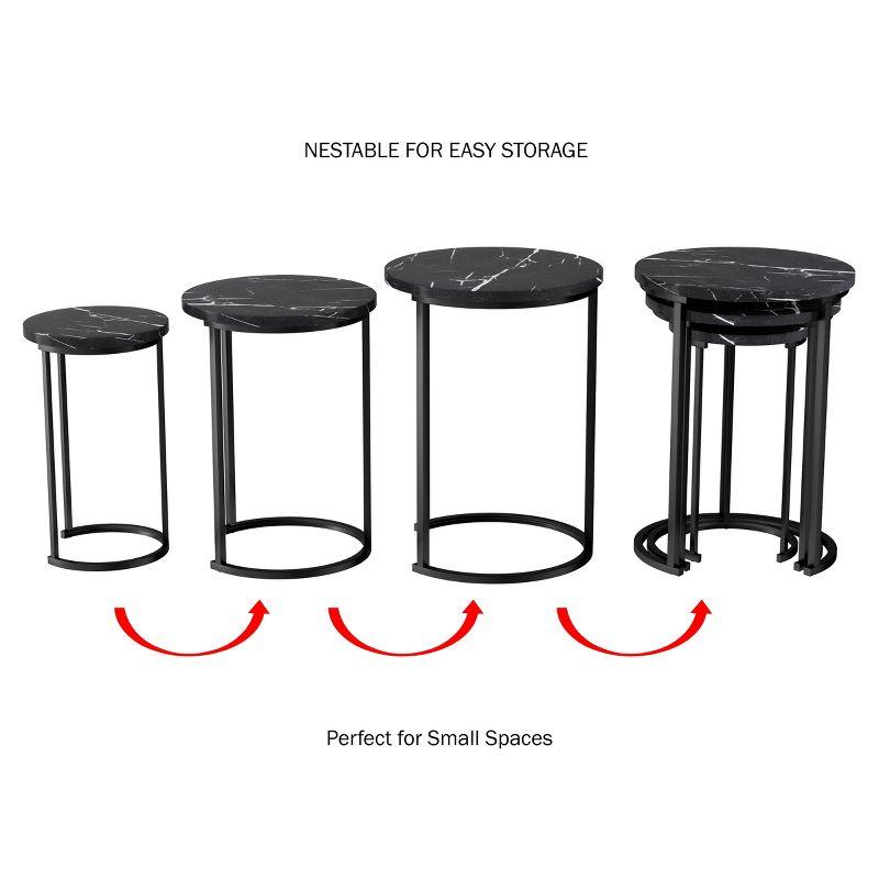 Hasting Home Set of 3 Round Living Room End Tables – Modern Faux Marble Top and Black Metal Base Nesting Tables or Nightstands