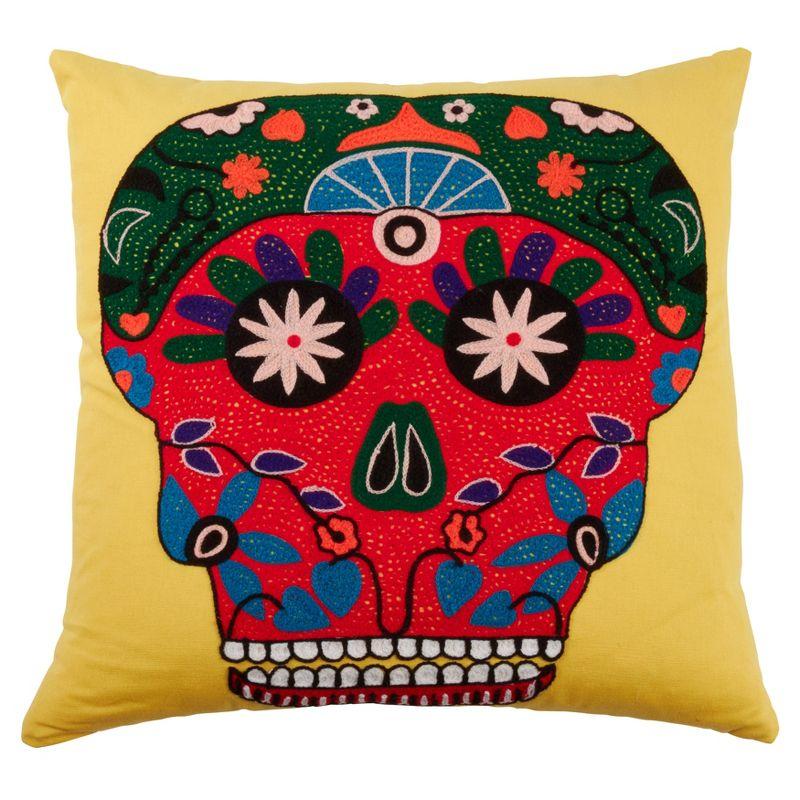 Bright Embroidered Sugar Skull Cotton Pillow Cover