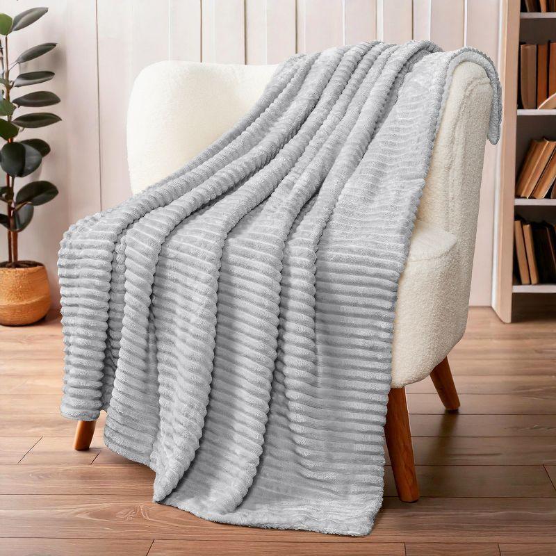 PAVILIA Soft Thick Fleece Flannel Ribbed Striped Throw Blanket, Luxury Fuzzy Plush Warm Cozy for Sofa Couch Bed, Light Gray/Throw - 50x60