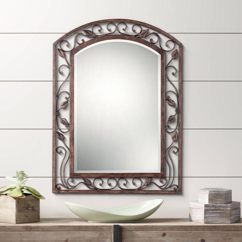 Franklin Iron Works Eden Arch Top Vanity Wall Mirror Rustic Beveled Bronze Metal Openwork Frame 25" Wide for Bathroom Bedroom Living Room Entryway