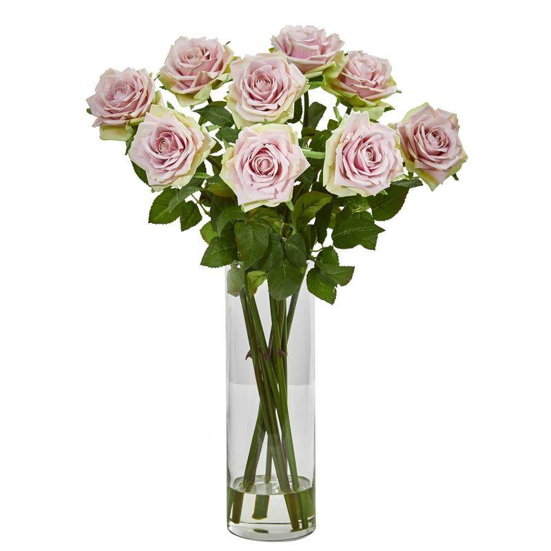 Nearly Natural 19-in Rose Artificial Arrangement in Cylinder Vase