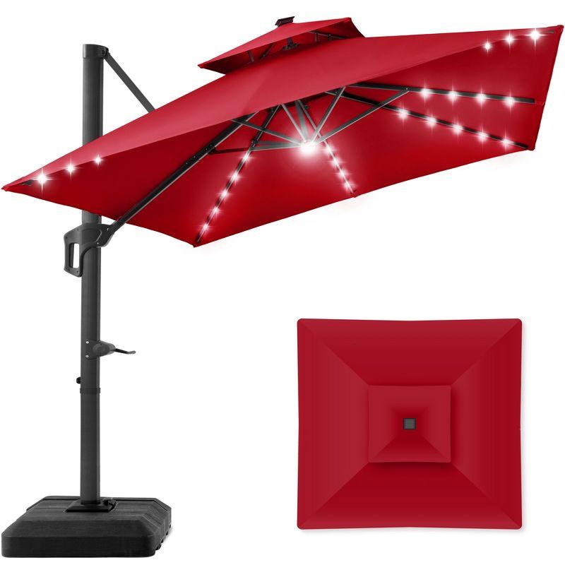 Red 10x10ft 2-Tier Square Outdoor Solar LED Cantilever Patio Umbrella