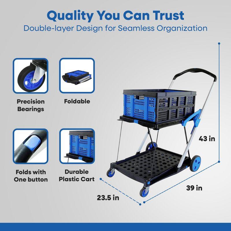 Magna Cart 2-Tier Folding Shopping Rolling Crate Cart, Grocery Cart with Collapsible Utility Tote Crate and Brake System