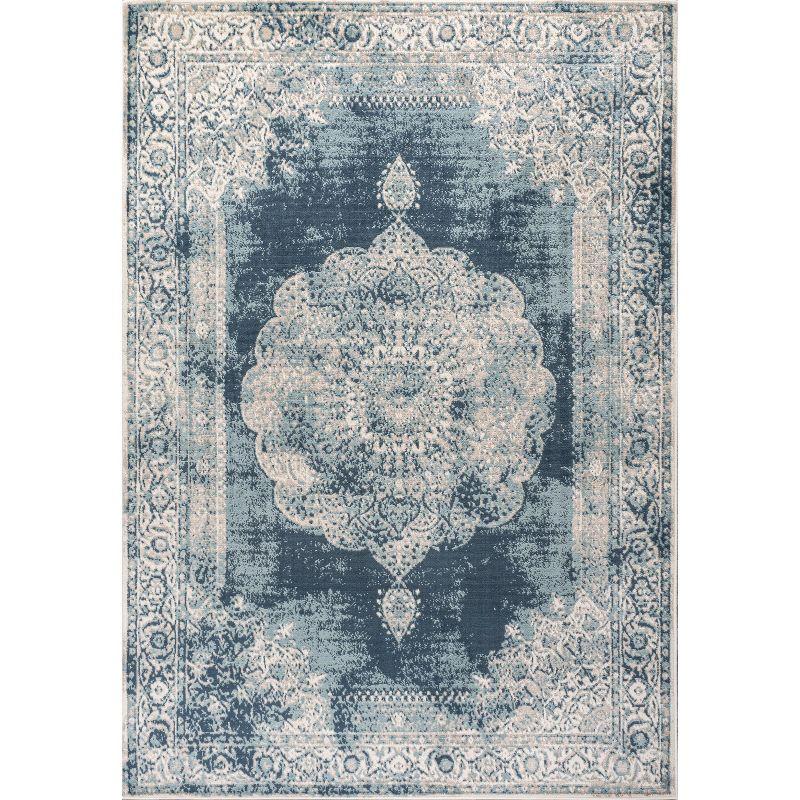 Ivory and Blue Medallion 8' x 10' Synthetic Area Rug