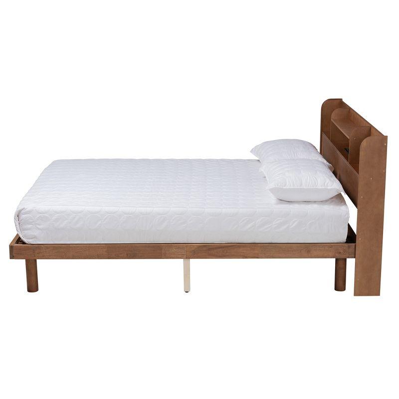 Walnut Brown Wood Full Platform Bed with Shelves and USB Ports