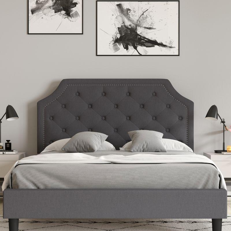 Provence Dark Gray Queen Platform Bed with Tufted Headboard and Gold Nail Trim