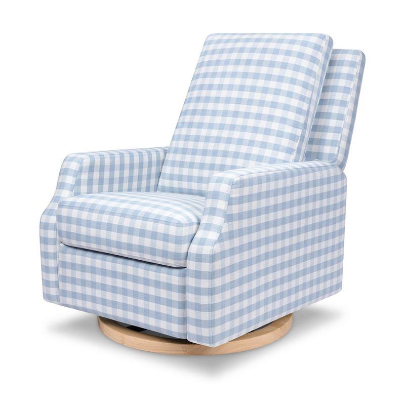 Blue Gingham Velvet Swivel Recliner with Light Wood Base