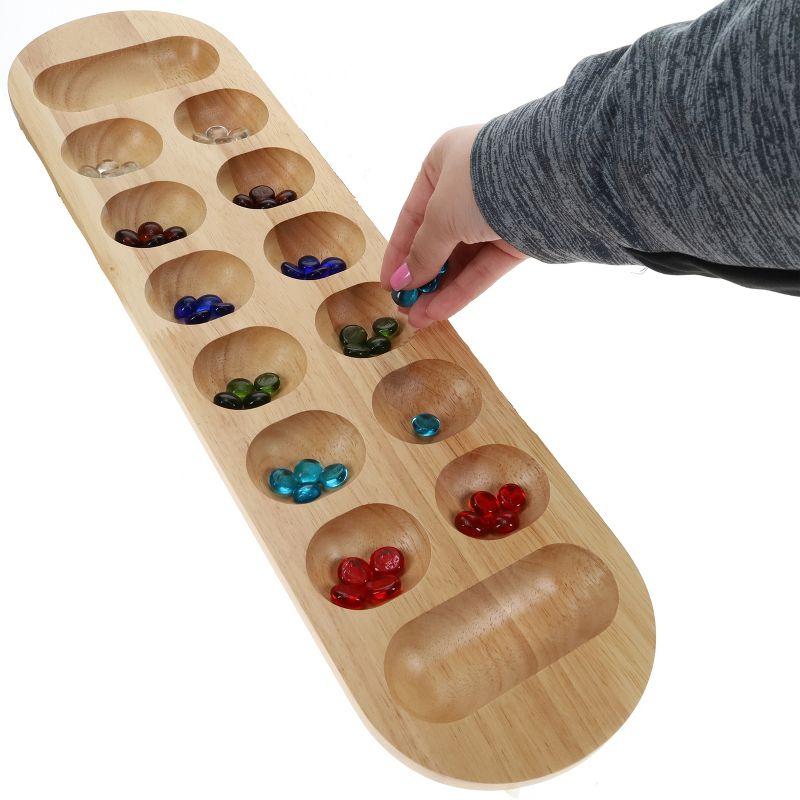 22 Inch Natural Wood Mancala Board Game with Glass Stones