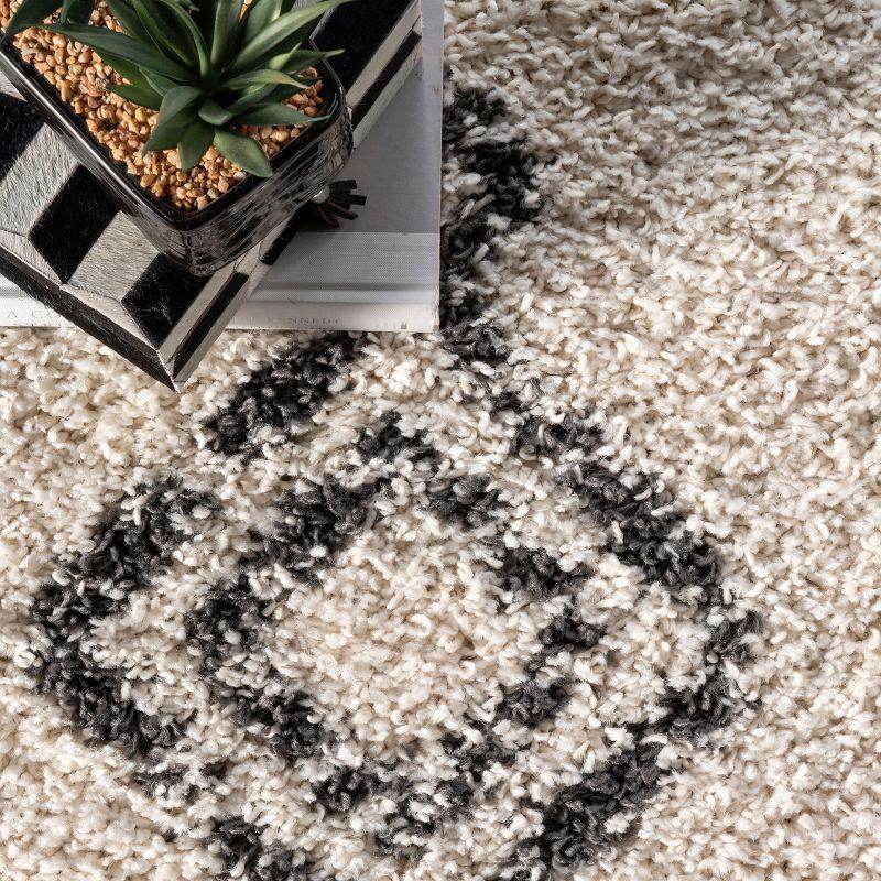 Off-White Moroccan Diamond Shag Runner Rug with Tassels