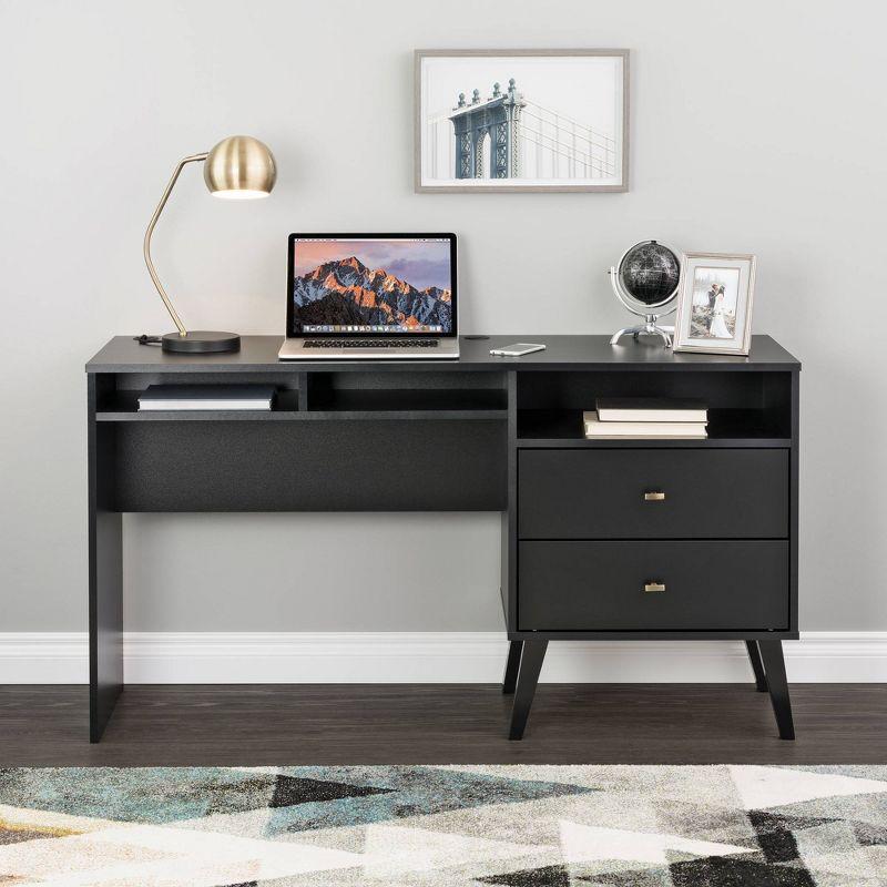 Milo Mid-Century Modern Black Desk with Brass Knobs and Storage