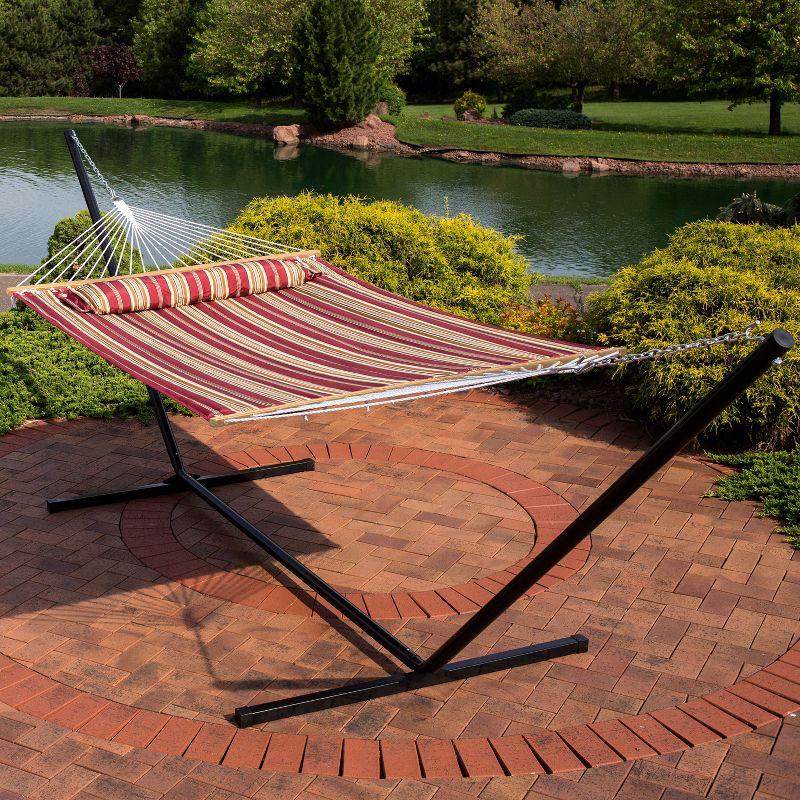 Sunnydaze 2-Person Freestanding Quilted Fabric Spreader Bar Hammock with Detachable Pillow and Stand - 400 lb Weight Capacity/15' Stand - Red Stripe