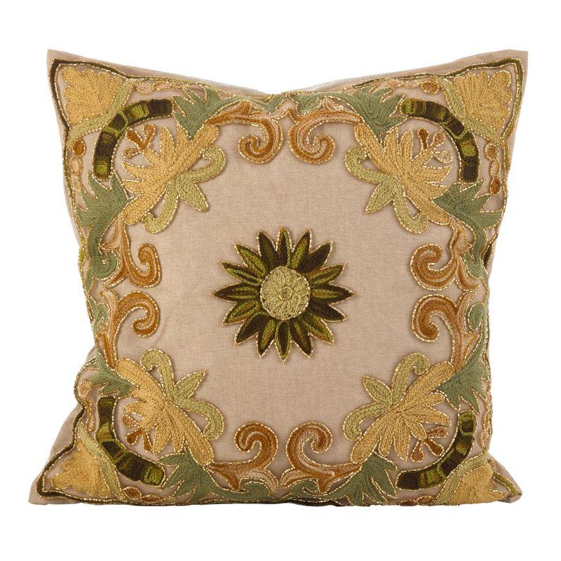 Green Embroidered Floral Beaded Cotton Throw Pillow