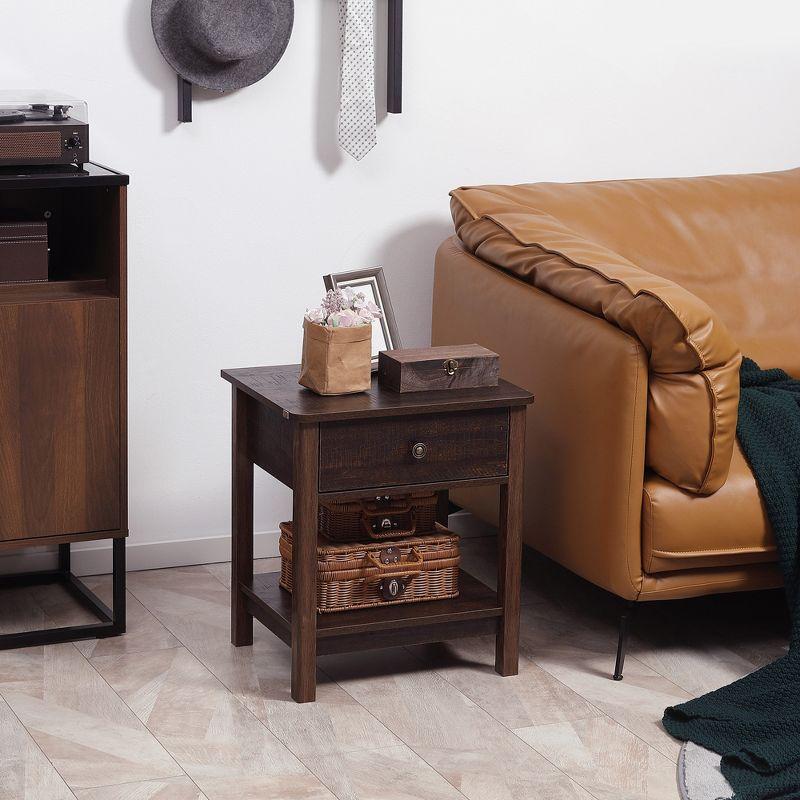 Dark Brown Wood End Table with Drawer and Shelf