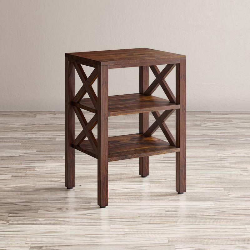 Jofran, Global Archive Solid Wood Rustic Modern X-Side Accent Table with Two Shelves, Red