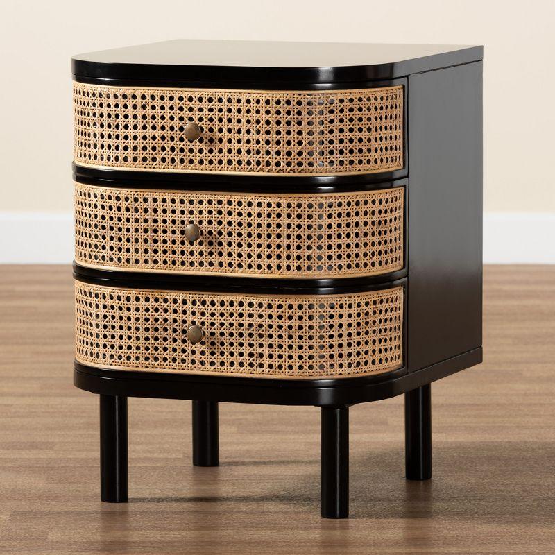 bali & pari Nabila Modern Bohemian Black Bayur Wood and Natural Rattan 3-Drawer End Table Nightstand