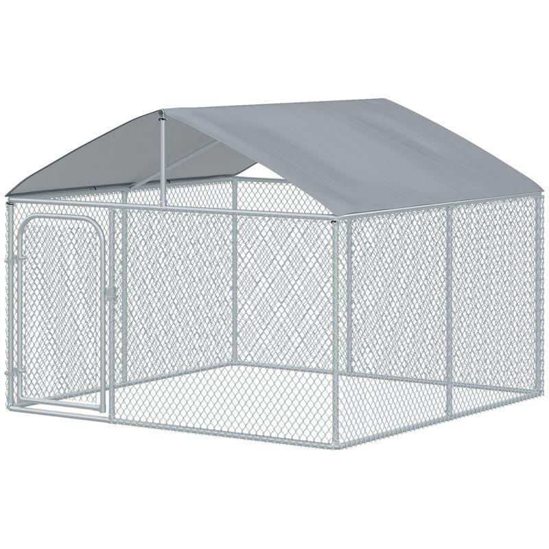 PawHut Outdoor Metal Dog Kennel, Pet Playpen with Steel Lock, Mesh Sidewalls and Cover for Backyard & Patio