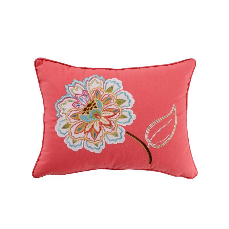 Coral Embroidered Floral Lumbar Pillow with Feather Fill