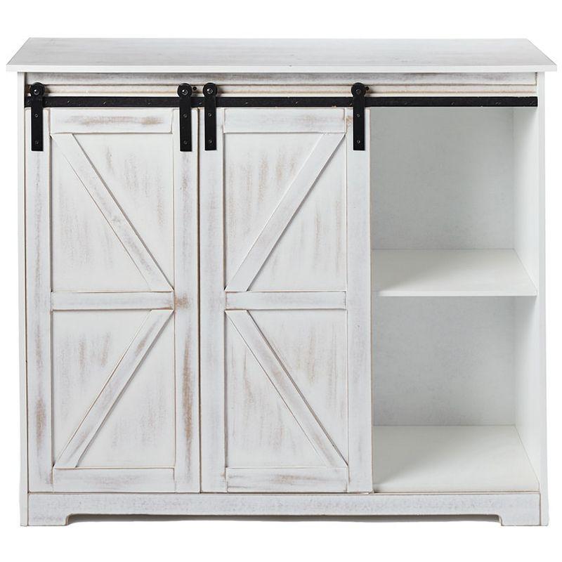 White Distressed Barn Door-Style Buffet Cabinet with Shelves