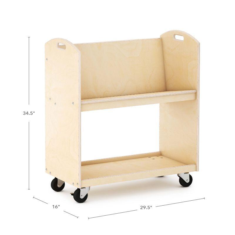 Guidecraft EdQ Rolling Book Storage Cart for Classroom - Natural, Single Sided 2-Shelf Wooden Book Display Rack on Wheels