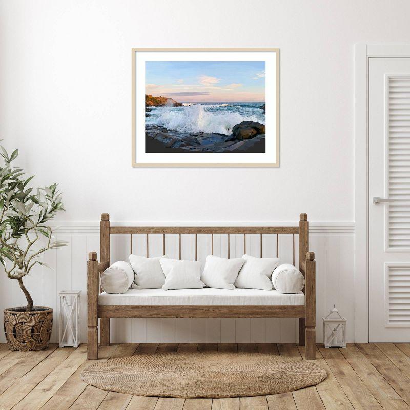 Crashing Waves Ocean Scene 41"x33" Brown Wood Framed Wall Art