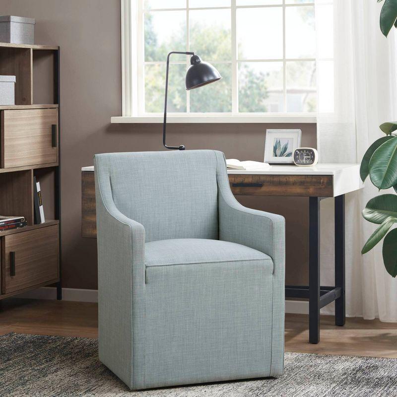 Blue Upholstered Skirted Dining Arm Chair with Casters