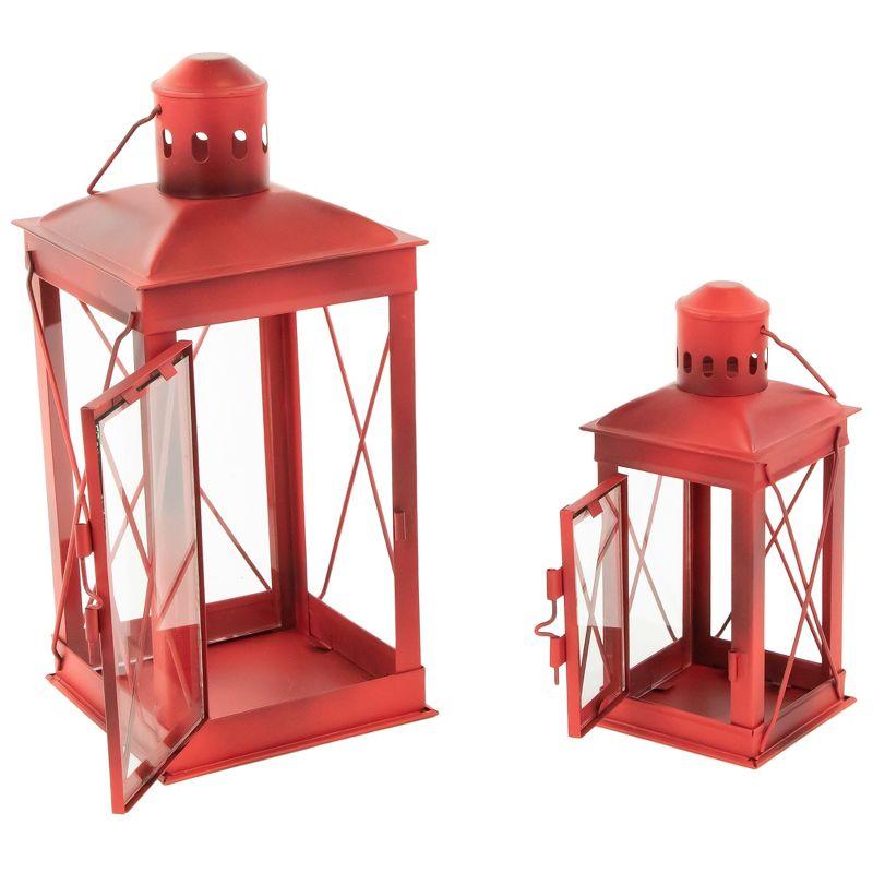 Set of 2 Antique Red Metal and Glass Candle Lanterns