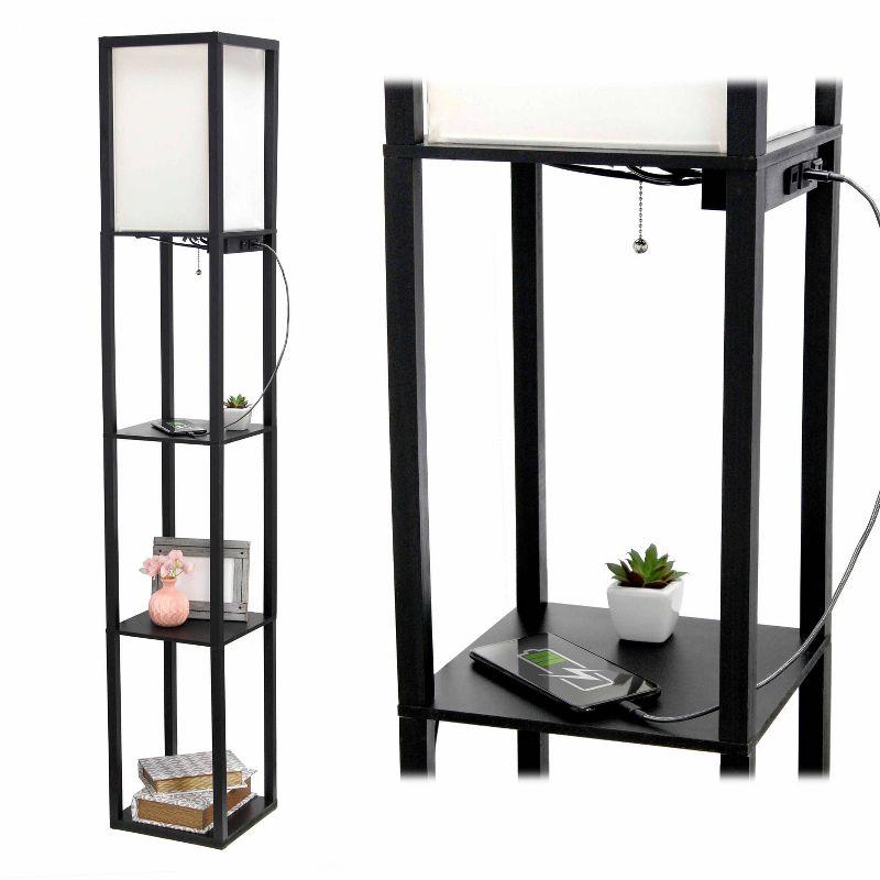 Floor Lamp Etagere Organizer Storage Shelf with 2 USB Charging Ports and Linen Shade - Simple Designs