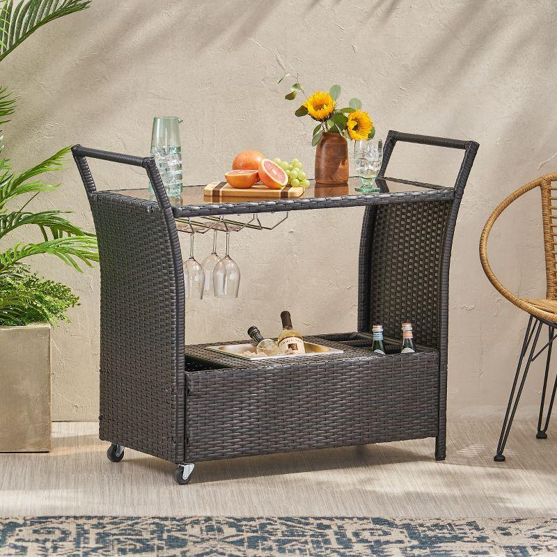 GDFStudio Lourdes Outdoor Wicker and Aluminum Serving Bar Cart, Multibrown