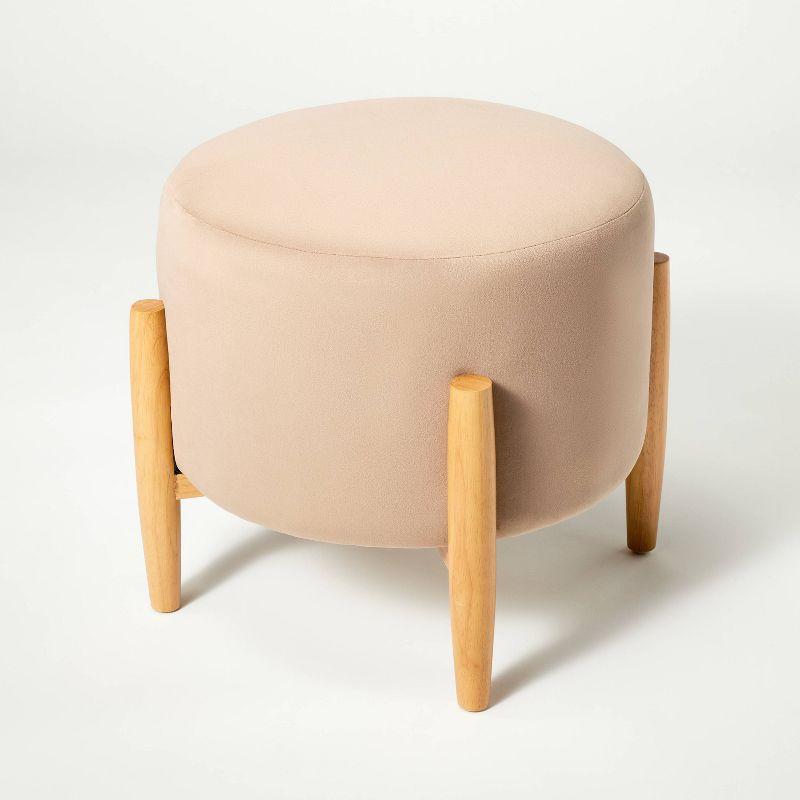 Elroy Round Velvet Ottoman with Light Brown Wooden Legs