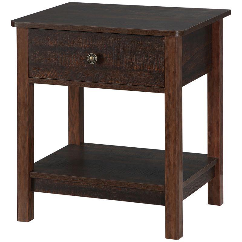 HOMCOM End Table with Drawer, Side Table with Top and Bottom Shelf for Small Spaces, Dark Brown