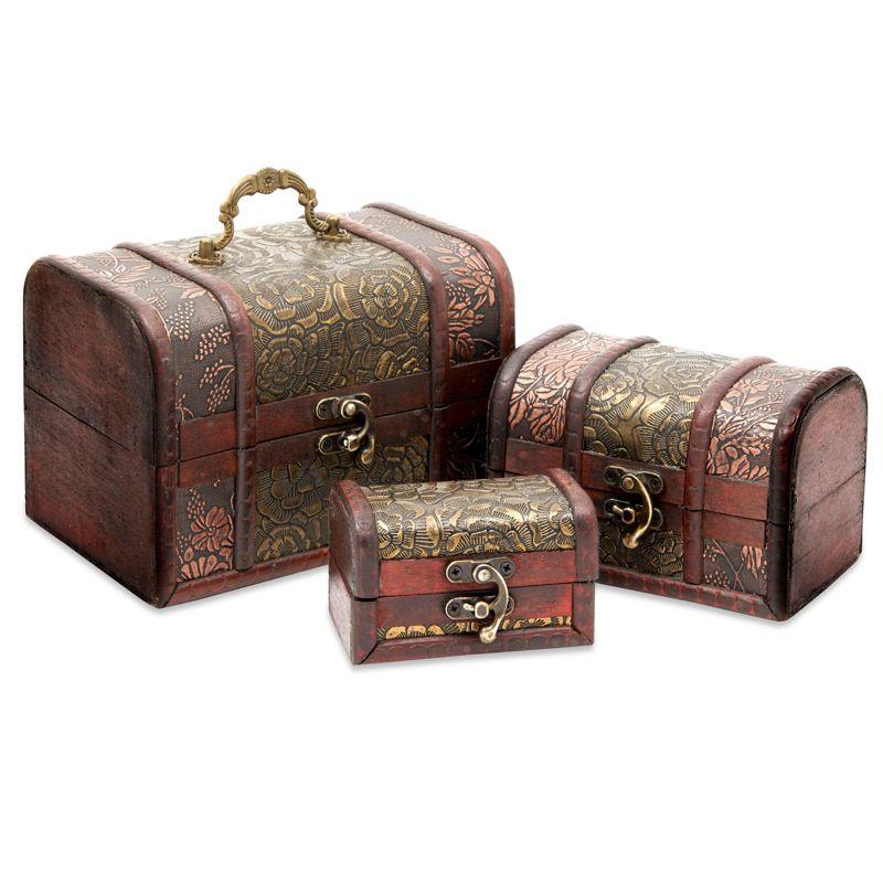 Vintage Style Wooden Treasure Chest Boxes with Floral Motifs, Set of 3