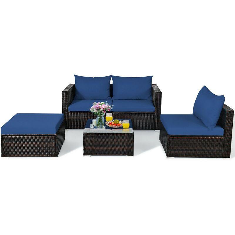 5PCS Patio Rattan Furniture Set Sectional Conversation Sofa w/ Coffee Table Red\ Navy