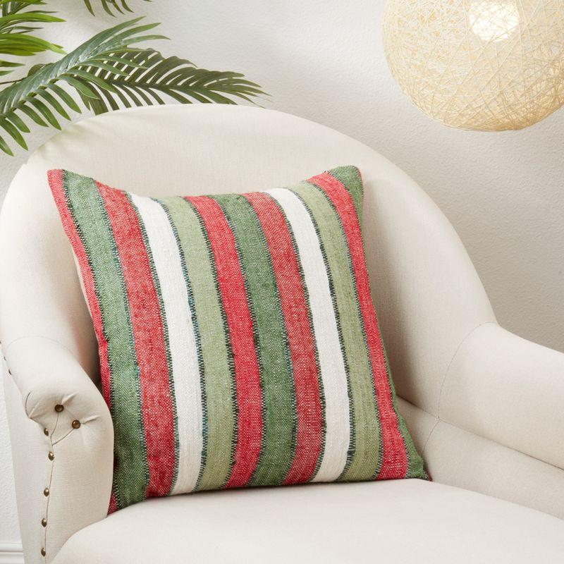 Red and Green Striped Cotton Throw Pillow Cover, 20"