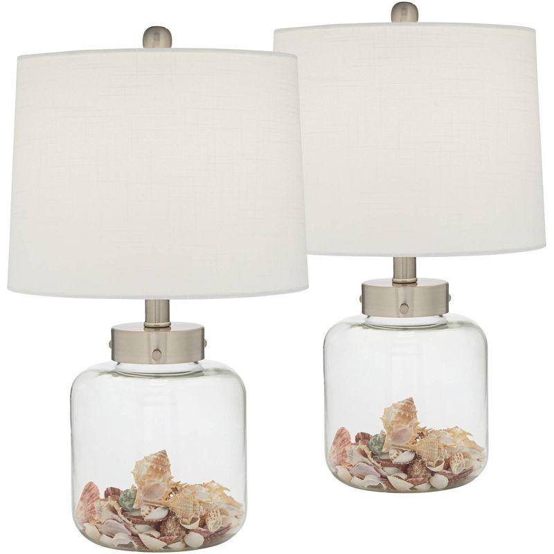 Set of 2 Clear Glass Coastal Table Lamps with White Drum Shades