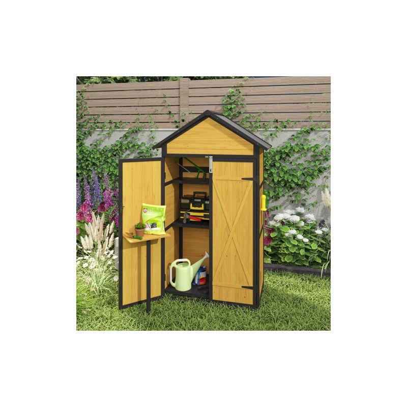 Outdoor Storage Cabinet Weatherproof Wood Storage Shed with Waterproof Roof Removable Shelves Foldable Table Hooks 69 Inches Garden Tool Shed