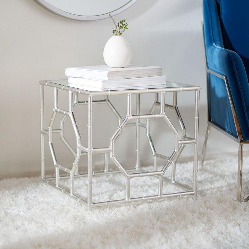Chic Rory Silver Square Mirrored Accent Table with Faux Bamboo Base