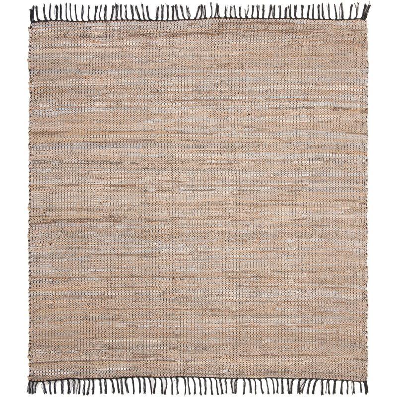 Beige Handwoven Leather Square Area Rug with Fringe