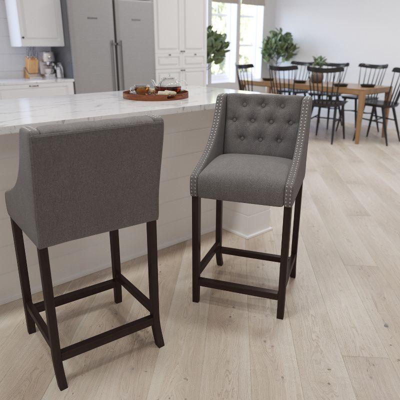 Merrick Lane Upholstered Barstool 30" High Transitional Tufted Walnut Barstool with Accent Nail Trim in Dark Gray Fabric